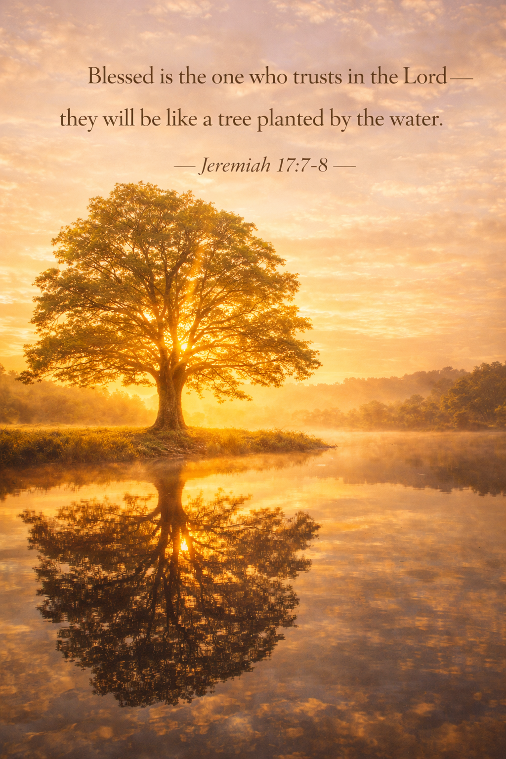 Lone majestic tree beside still lake sunrise golden light filtering through canopy reflecting water tall strong deeply rooted -- Jeremiah 17:7 vertical wallpaper